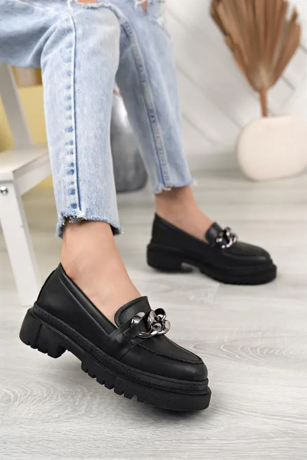 aymood kadin siyah zincirli kalin taban loafer makosen ayakkabi