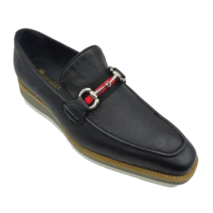 Carrucci Loafer Black Leather Men's Slip On Silver Buckle Red and Green Trim