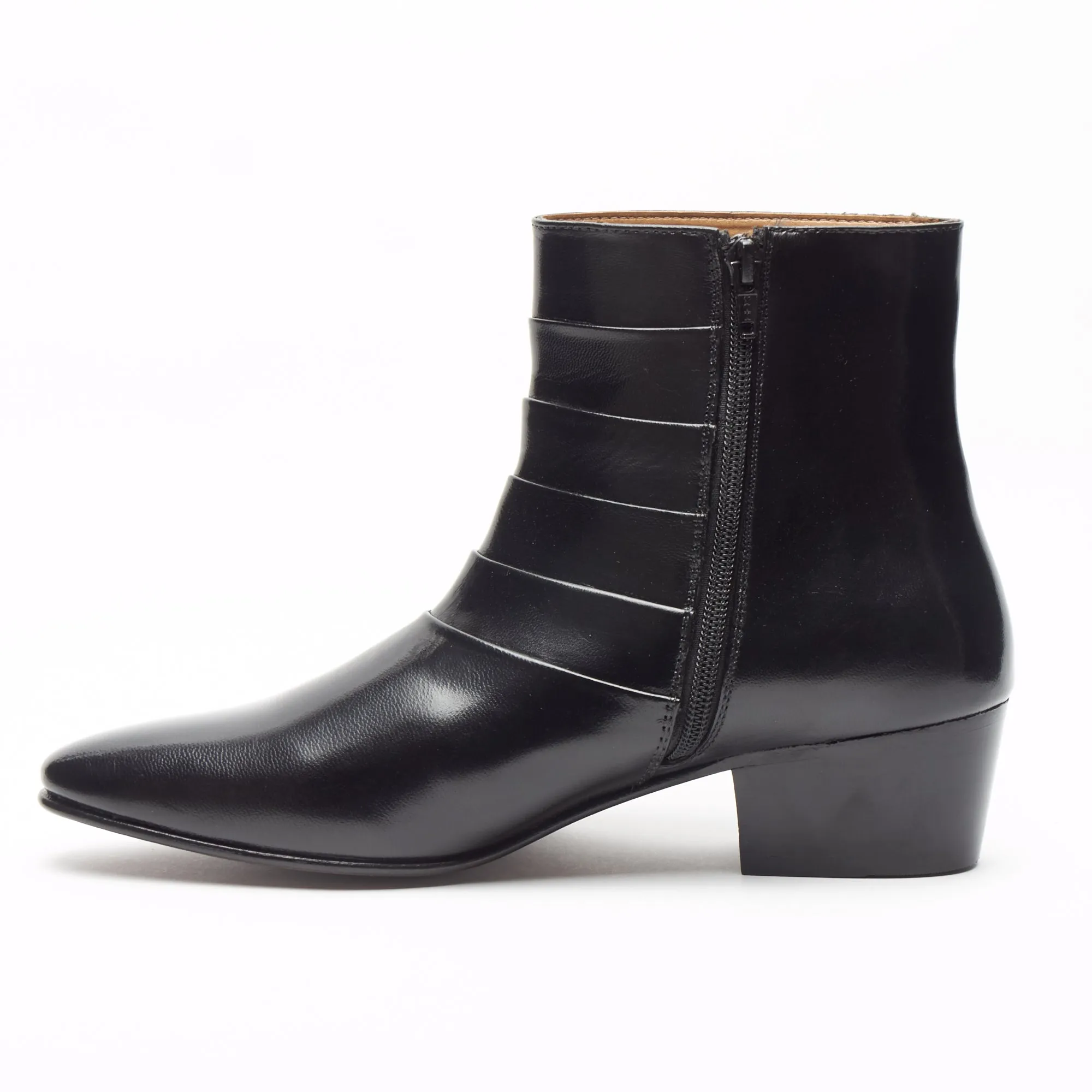 EZRA - MEN'S CUBAN HEEL FORMAL CASUAL PARTY WEDDING LEATHER BOOTS WITH SIDE ZIP BLACK