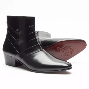 EZRA - MEN'S CUBAN HEEL FORMAL CASUAL PARTY WEDDING LEATHER BOOTS WITH SIDE ZIP BLACK
