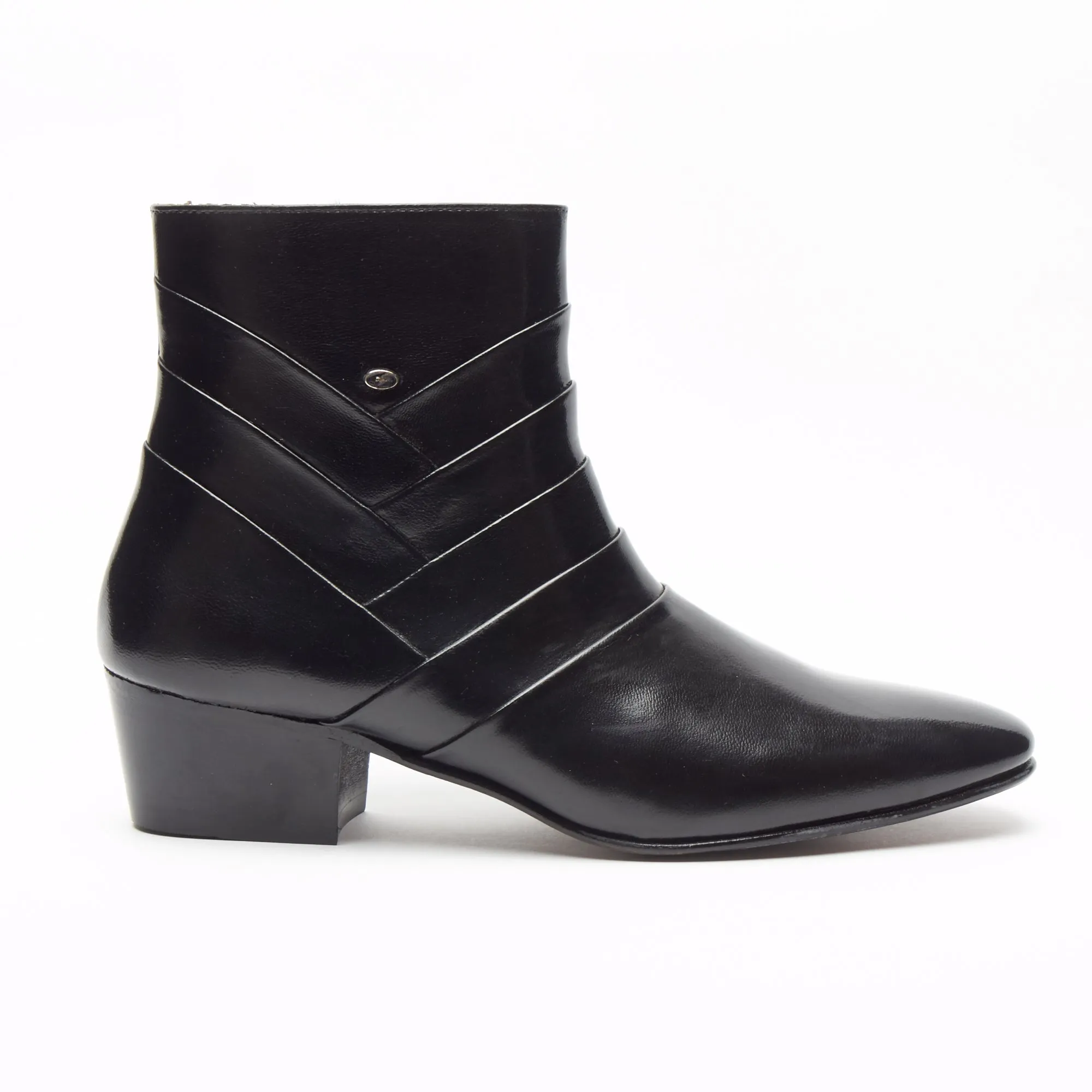 EZRA - MEN'S CUBAN HEEL FORMAL CASUAL PARTY WEDDING LEATHER BOOTS WITH SIDE ZIP BLACK