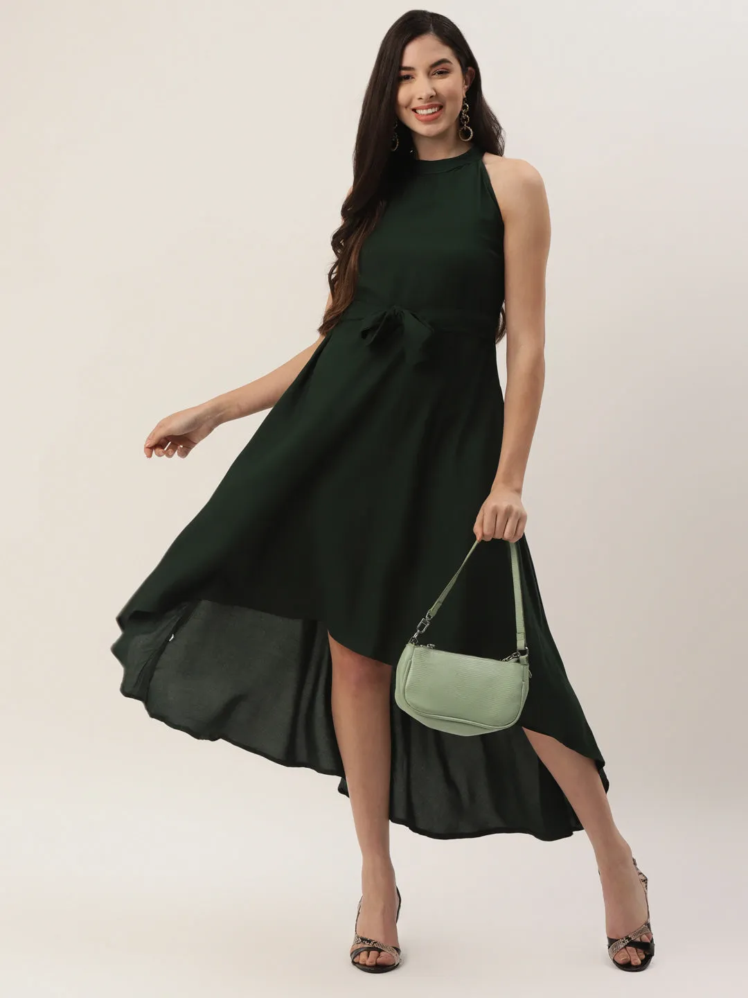 Girl's Green Color Rayon Solid A-Line Westen Wear Dress - Vaaba