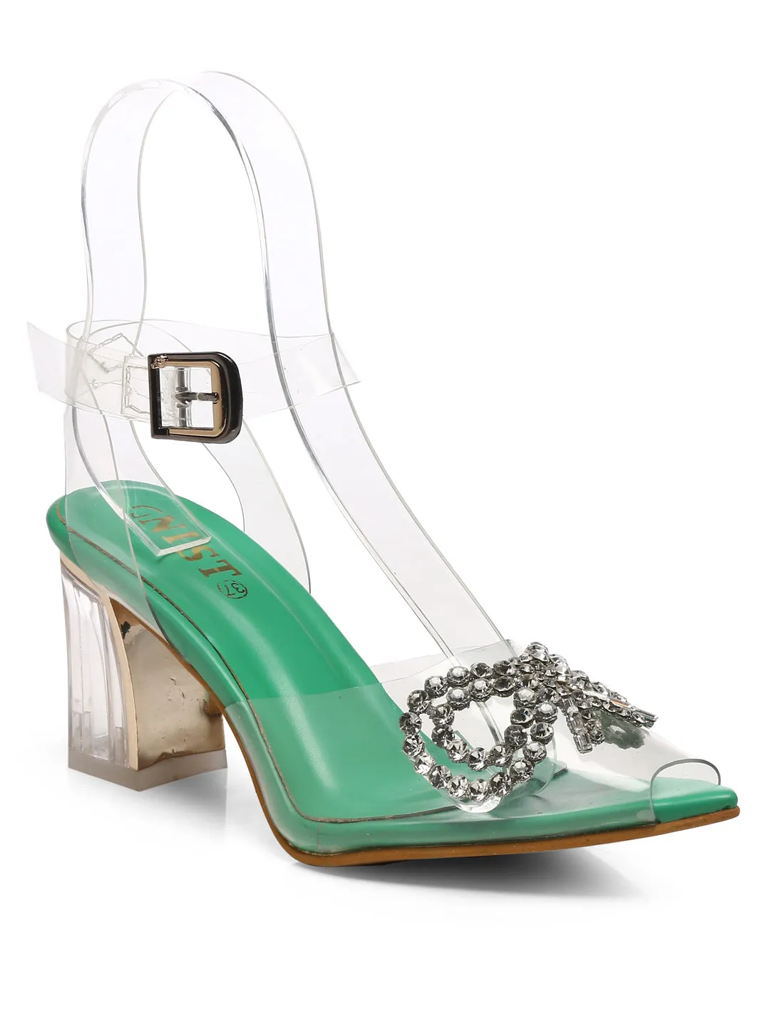 GNIST Green Pointed Embellished Transparent Bow Heels