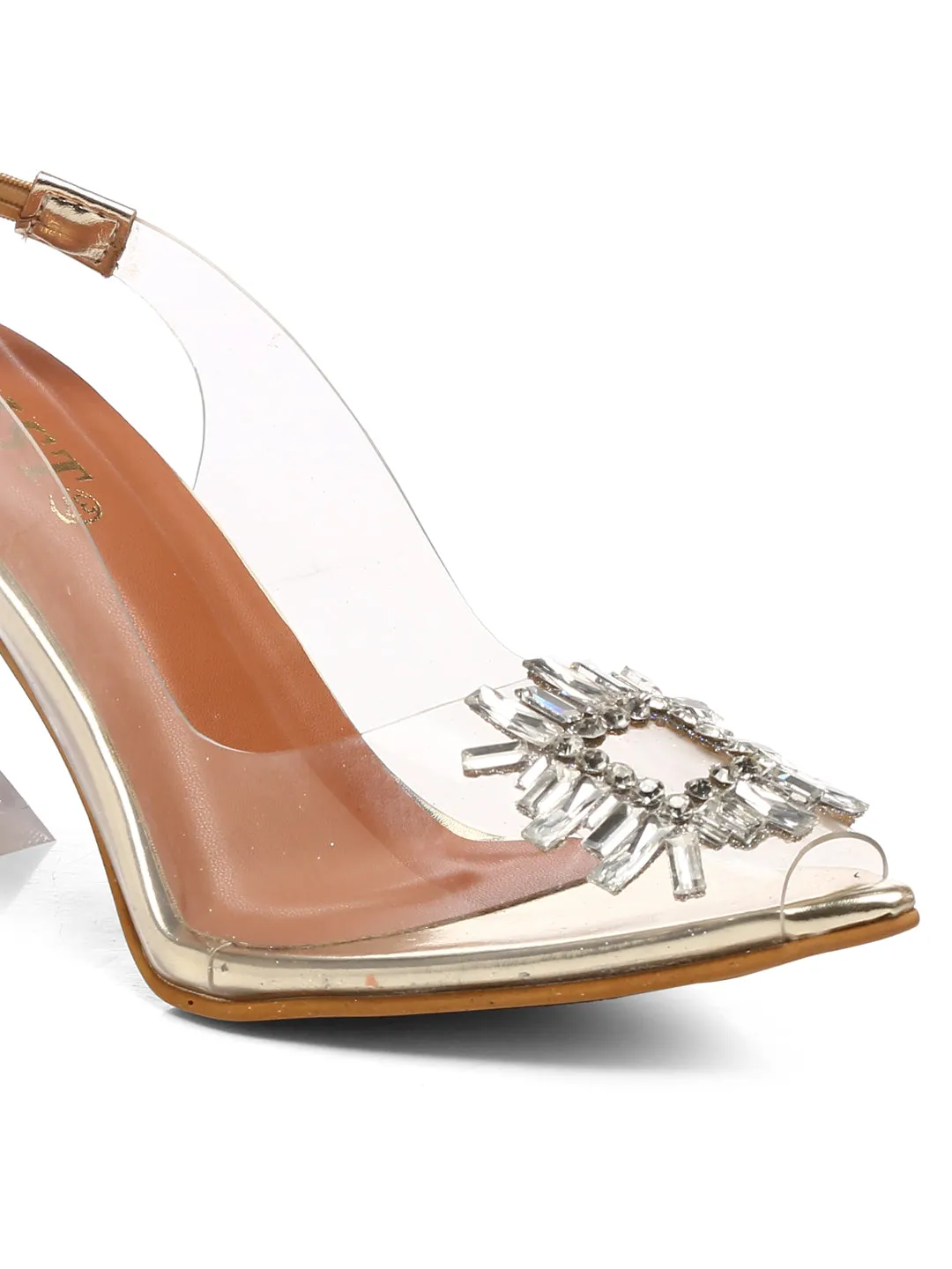 GNIST Square Embellished Gold Pointed Stilettos