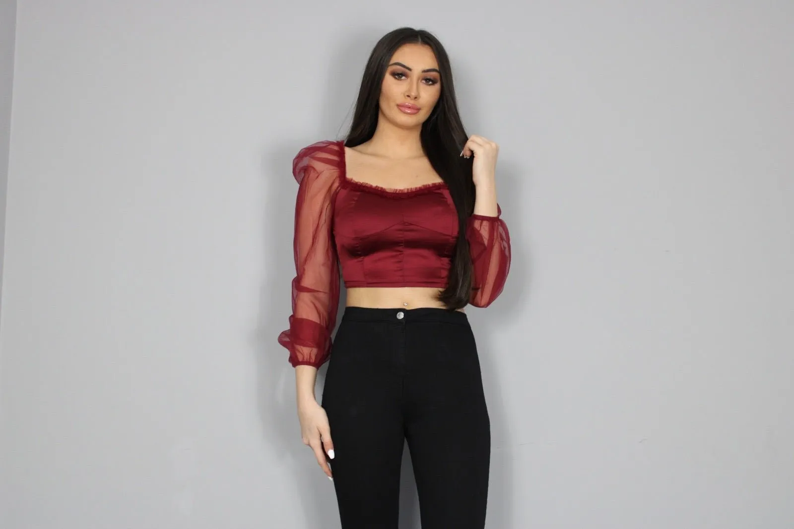 Wine Satin Organza Sleeve Crop Top