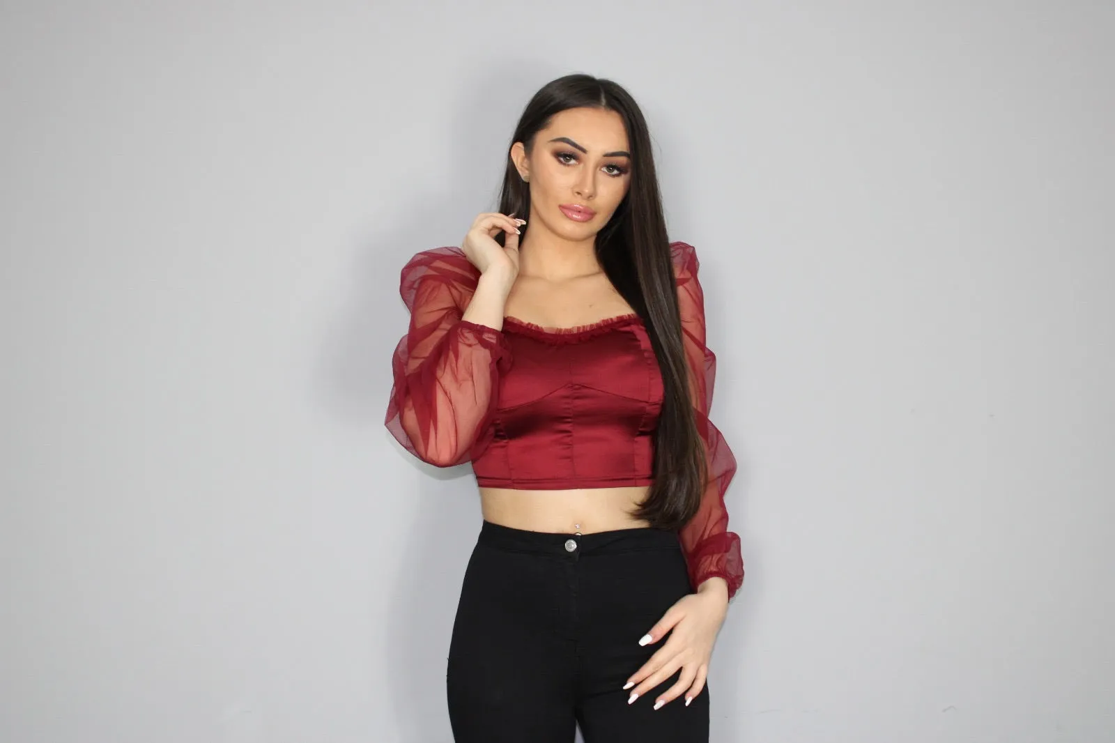 Wine Satin Organza Sleeve Crop Top